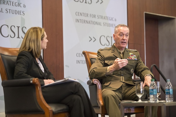 Marine Corps Gen. Joe Dunford, chairman of the Joint Chiefs of Staff, participates in a discussion with scholar Kathleen H. Hicks at the Center for Strategic and International Studies in Washington, D.C., March 29, 2016. DoD photo by Navy Petty Officer 2nd Class Dominique A. Pineiro