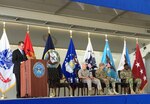 Defense Secretary Ash Carter delivers remarks during a change-of-command ceremony for U.S. Central Command at MacDill Air Force Base, Fla., March 30, 2016. Joining Carter on stage are, from left, Marine Corps Gen. Joe Dunford, chairman of the Joint Chiefs of Staff; Army Gen. Joseph Votel, incoming commander of CENTCOM; and outgoing commander Gen. Lloyd J. Austin III. (DoD photo)