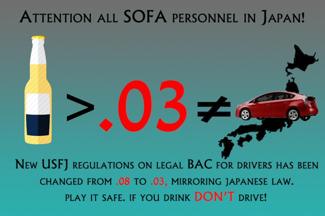 New changes to U.S. Forces, Japan, regulation will impact how much alcohol drivers on U.S. installation in Japan can have their bloodstreams and still be considered fit to drive, beginning Monday, April 4, 2016.There is now a minimum disciplinary action of a 60-day license suspension for those caught driving with a blood-alcohol content level .03 to .079. In addition, commanders have the right to impose additional disciplinary measures, depending on the circumstances. Those caught driving with a BAC level at or above .08 are considered intoxicated drivers and will be dealt with accordingly under the Uniform Code of Military Justice.  