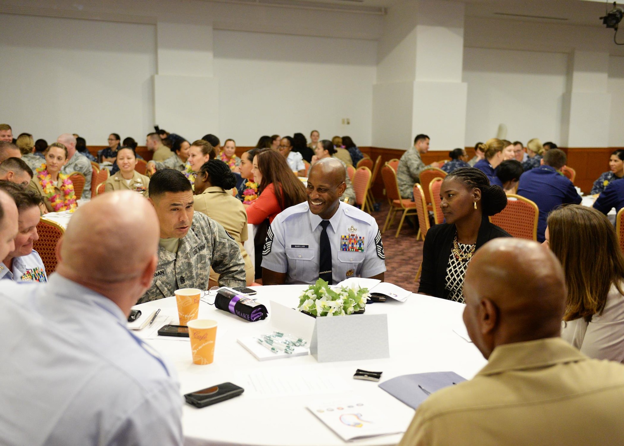 Chief Master Sgt. Michael McMillan, 36th Wing command chief, and his wife Tanya, center, participate in a conversation during the Joint Women’s Leadership Symposium March 24, 2016, in Tumon, Guam. The symposium featured keynote speakers as well as two panels that focused on discussions regarding empowerment and how to become a more effective leader. (U.S. Air Force photo by Senior Airman Cierra Presentado) 