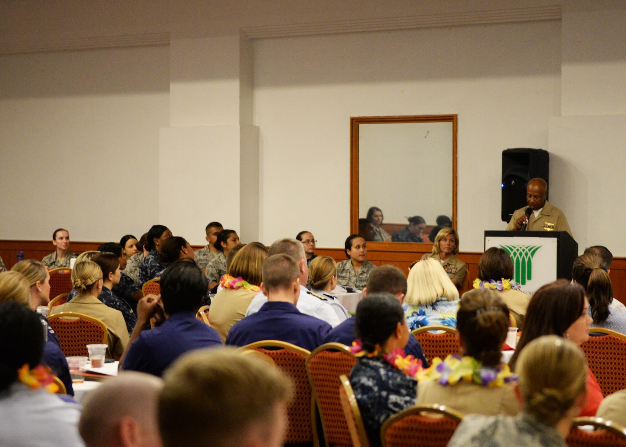 U.S. Navy Capt. Alfred Anderson, Naval Base Guam commander, gives a speech during the Joint Women’s Leadership Symposium, March 24, 2016, in Tumon, Guam. Anderson, who was one of the keynote speakers, shared his life experience as a sailor and the many obstacles he faced throughout his career. The focus for JWLS was to empower women and men with the tools necessary to find their voice and work on leadership skills. (U.S. Air Force photo by Senior Airman Cierra Presentado)