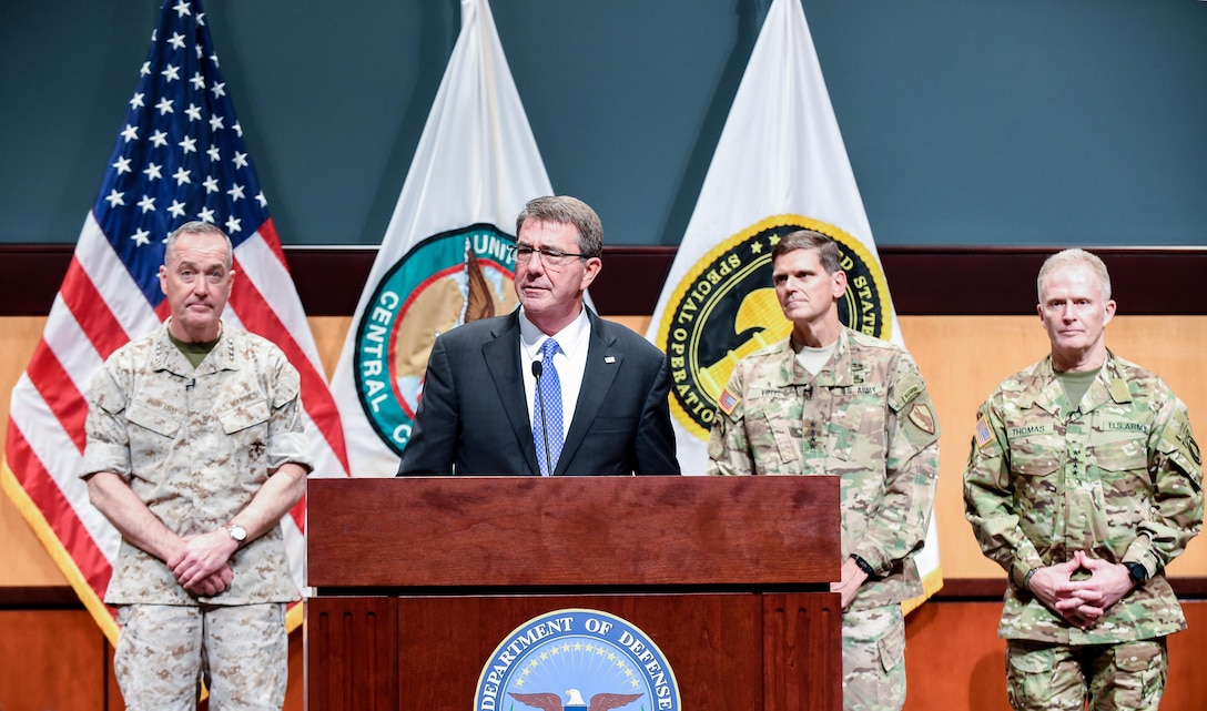 Defense Secretary Ash Carter; Marine Corps Gen. Joe Dunford, left, chairman of the Joint Chiefs of Staff; Army Gen. Joseph L. Votel, second from right, commander of U.S. Central Command; and Army Gen. Raymond A. "Tony" Thomas, commander of U.S. Special Operations Command, conduct a news conference at MacDill Air Force Base, Fla., March 30, 2016, after change-of-command ceremonies for the two commands. DoD photo by Army Sgt. 1st Class Clydell Kinchen