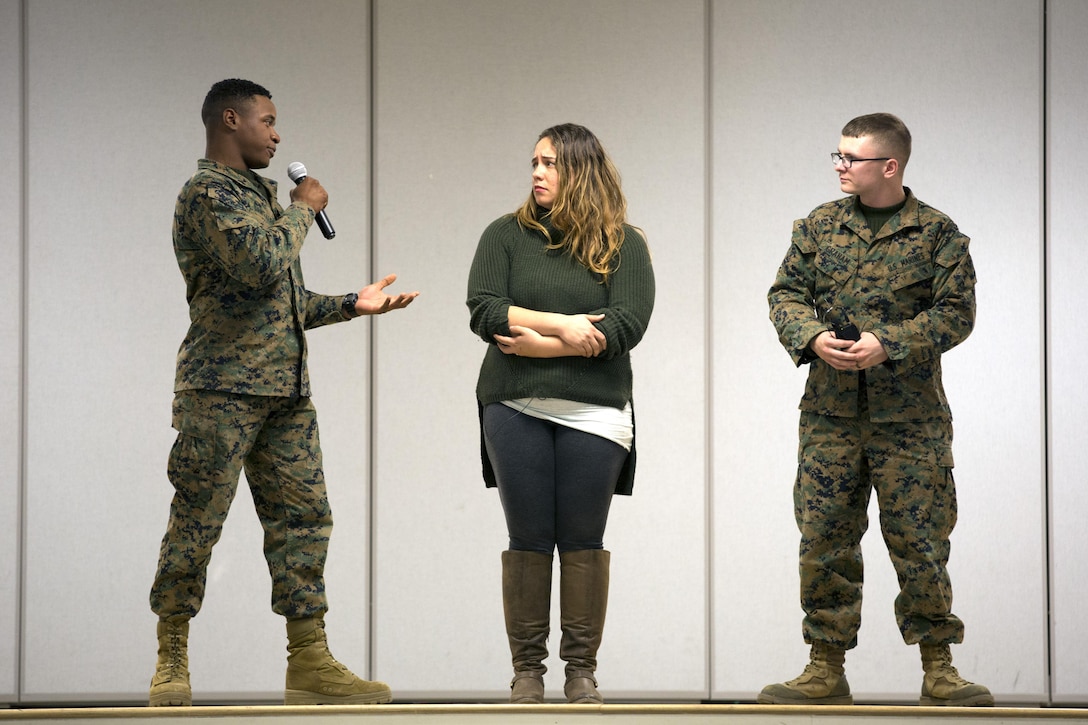 MARINE CORPS BASE CAMP LEJEUNE, N.C. — Marines interact with an actress during sexual assault bystander intervention training at Camp Johnson, Marine Corps Base Camp Lejeune Jan. 28. A performance troupe named Pure Praxis visited Camp Lejeune as part of a Department of the Navy program to increase awareness about sexual assault and how bystanders can help provide support to victims. 