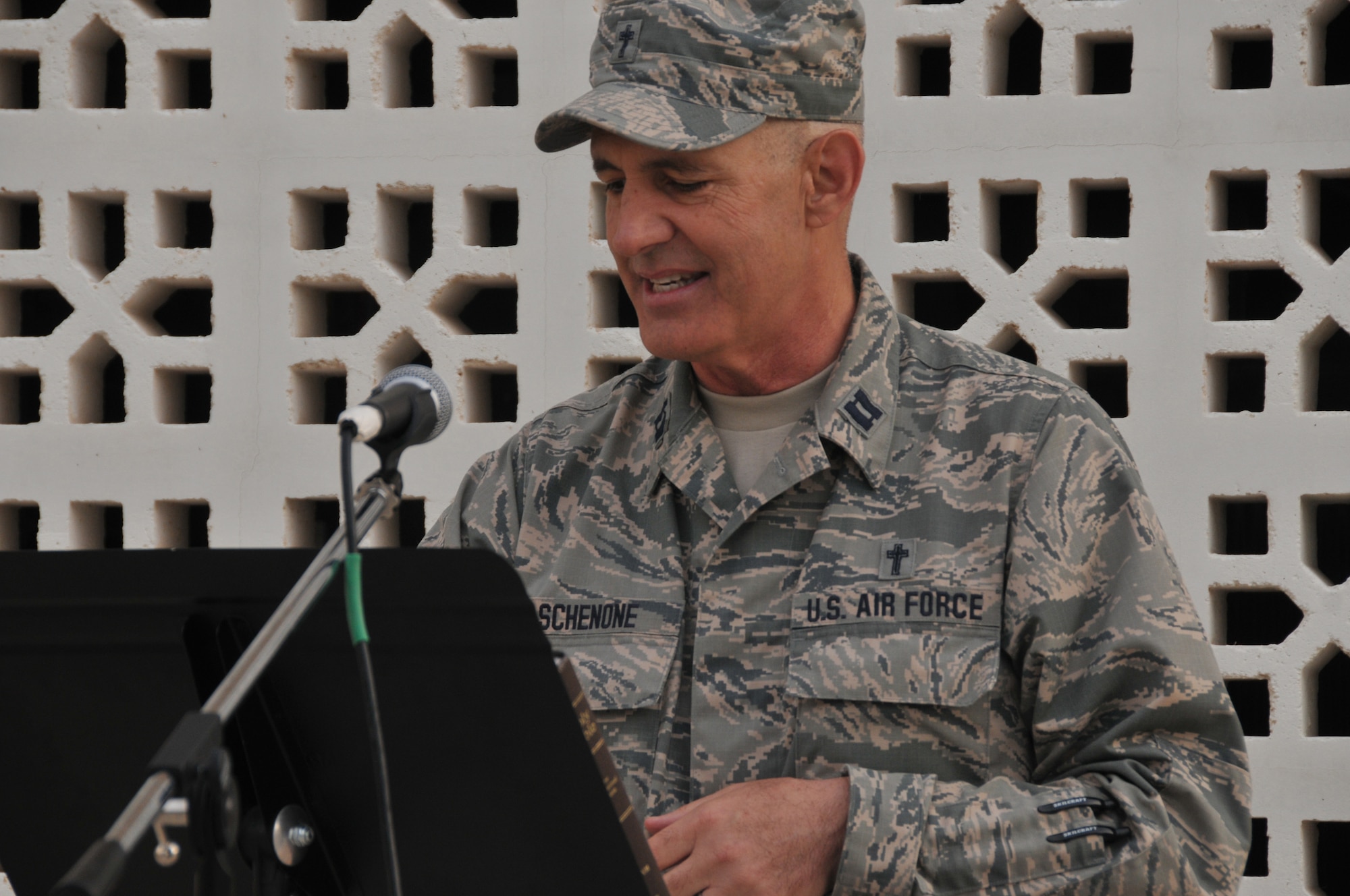 Chaplain (Capt.) David Schenone, 379th Air Expeditionary Wing chaplain corps, speaks at the Easter Sunrise Service March 27 at Al Udeid Air Base, Qatar. More than 30 personnel attended the service. An additional Easter Sunrise Service was offered outside the Blatchford-Preston Complex Mall.(U.S. Air Force photo by Tech. Sgt. Terrica Y. Jones)