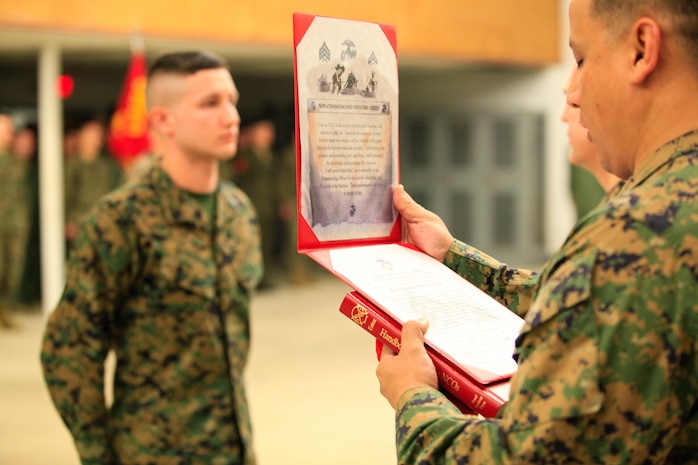 Manhattan, Kan.-native Gunnar A. Naughton, a team member with the Identification and Detection Platoon (IDP), Reaction Force Company, Chemical Biological Incident Response Force (CBIRF), U.S. Marine Forces Command (MARFORCOM),  is meritoriously promoted the rank of corporal during a battalion formation at Naval Support Facility Indian Head, Md., Mar. 2, 2016.
In the Marine Corps, the rank of corporal is the first noncommissioned officer level rank, and corporals have a responsibility to their subordinates and superiors unlike any other. Naughton competed against three other CBIRF Marines on a meritorious board of his superiors to be selected for this promotion. On a meritorious board, Marines are selected based on multiple factors including physical fitness, military appearance and Marine Corps Knowledge in order to assess whether the Marine is ready to take on the responsibilities and duties of a higher grade. (Official USMC Photos by Sgt. Jonathan S. Herrera/Released)
