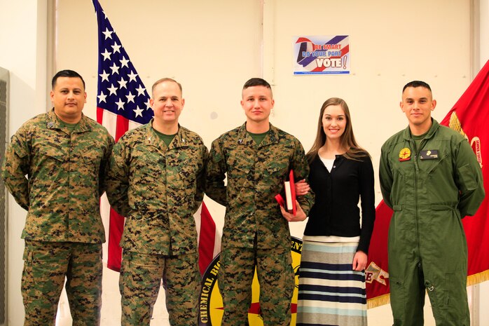Manhattan, Kan.-native Gunnar A. Naughton, a team member with the Identification and Detection Platoon (IDP), Reaction Force Company, Chemical Biological Incident Response Force (CBIRF), U.S. Marine Forces Command (MARFORCOM),  is meritoriously promoted the rank of corporal during a battalion formation at Naval Support Facility Indian Head, Md., Mar. 2, 2016.
In the Marine Corps, the rank of corporal is the first noncommissioned officer level rank, and corporals have a responsibility to their subordinates and superiors unlike any other. Naughton competed against three other CBIRF Marines on a meritorious board of his superiors to be selected for this promotion. On a meritorious board, Marines are selected based on multiple factors including physical fitness, military appearance and Marine Corps Knowledge in order to assess whether the Marine is ready to take on the responsibilities and duties of a higher grade. (Official USMC Photos by Sgt. Jonathan S. Herrera/Released)
