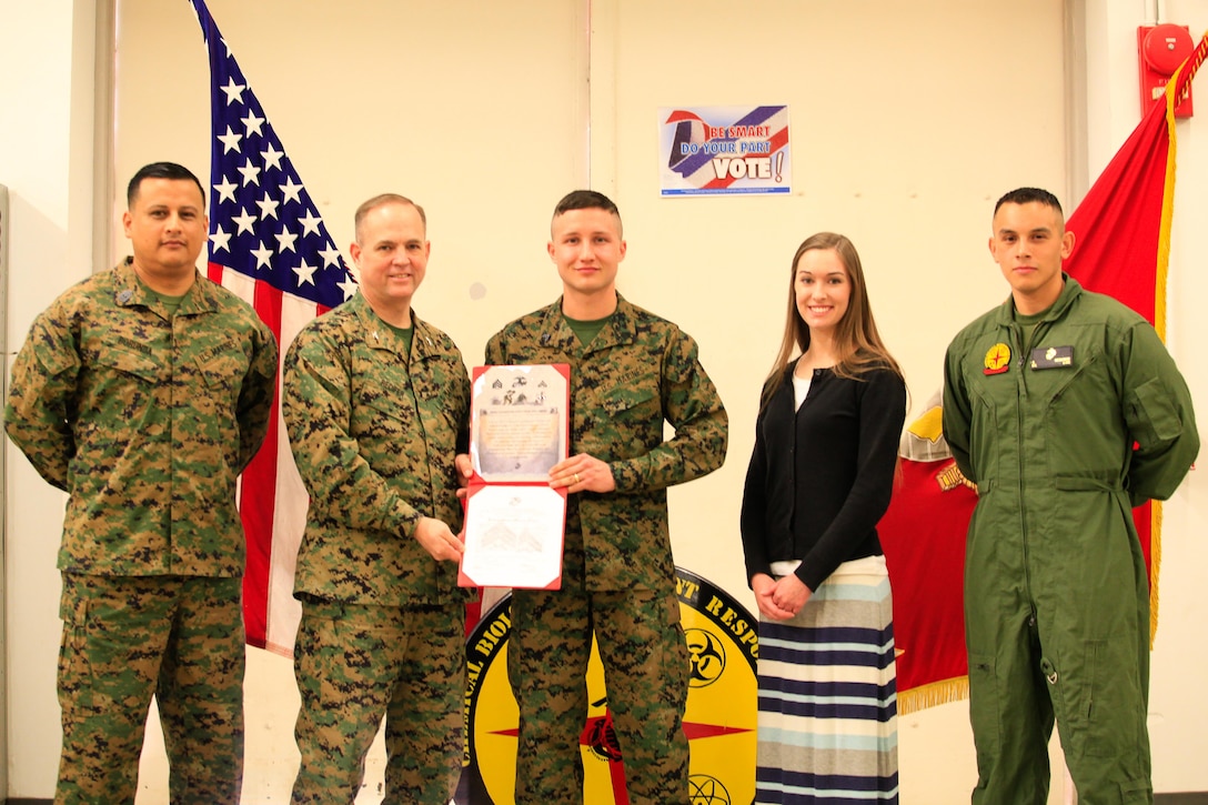 Manhattan, Kan.-native Gunnar A. Naughton, a team member with the Identification and Detection Platoon (IDP), Reaction Force Company, Chemical Biological Incident Response Force (CBIRF), U.S. Marine Forces Command (MARFORCOM),  is meritoriously promoted the rank of corporal during a battalion formation at Naval Support Facility Indian Head, Md., Mar. 2, 2016.
In the Marine Corps, the rank of corporal is the first noncommissioned officer level rank, and corporals have a responsibility to their subordinates and superiors unlike any other. Naughton competed against three other CBIRF Marines on a meritorious board of his superiors to be selected for this promotion. On a meritorious board, Marines are selected based on multiple factors including physical fitness, military appearance and Marine Corps Knowledge in order to assess whether the Marine is ready to take on the responsibilities and duties of a higher grade. (Official USMC Photos by Sgt. Jonathan S. Herrera/Released)
