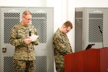 Lt. Cmdr. Mark A. McDowell, command chaplain with the Chemical Biological Incident Response Force (CBIRF), U.S. Marine Corps Forces Command (MARFOROM), leads CBIRF in a prayer during a CBIRF Basic Operations Course graduation ceremony at Naval Support Facility Indian Head, Md., Mar. 11, 2016. The course is a three-week program that provides approximately 145 hours of classroom, practical applications and individual and team testing in chemical, biological, radiological, nuclear, and high-yield explosive disciplines that meet federal requirements. After graduating the course, each Marine and sailor will be qualified to enter a contaminated area, search the area, provide emergency first aid and provide assistance to nonambulatory patients. Regardless of their jobs, or military occupational specialty, every Marine and sailor with CBIRF is required to complete the course, making the unit uniquely qualified to respond with minimal warning to a chemical, biological, radiological, nuclear or high-yield explosive (CBRNE) threat. (Official USMC Photos by Sgt. Jonathan S. Herrera/Released)