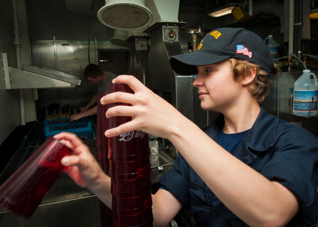 Navy Seaman Madison Patton works in the scullery aboard the aircraft carrier USS Carl Vinson in San Diego, March 24, 2016. Navy photo by Seaman Daniel P. Jackson Norgart