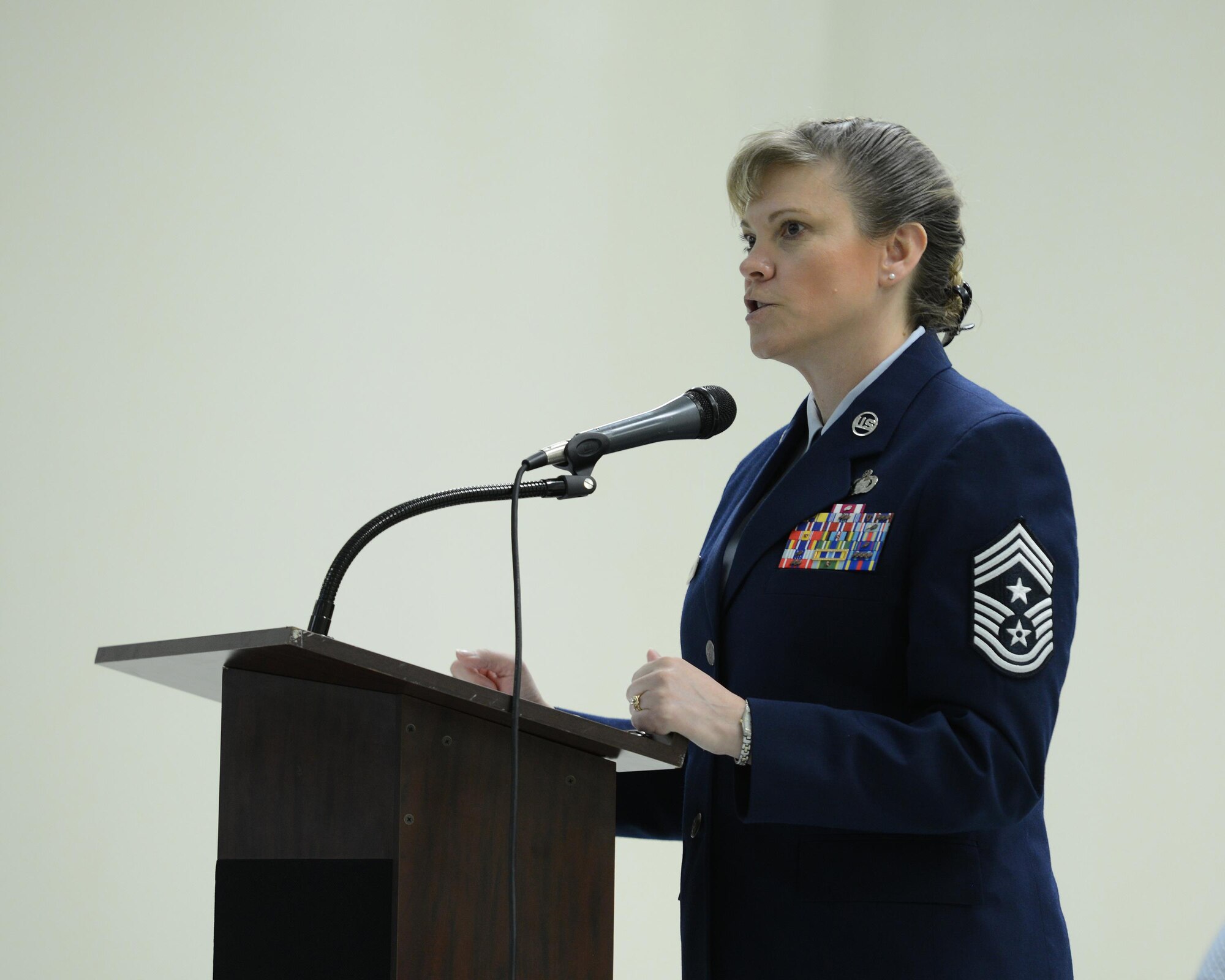 Chief Master Sgt. Teresa Clapper, 47th Flying Training Wing command chief, speaks at Del Rio’s 4th Annual Women’s Seminar in Del Rio, Texas, March 24, 2016. Clapper spoke about women who made history by paving the way for future women to follow. (U.S. Air Force photo by Senior Airman Jimmie D. Pike)