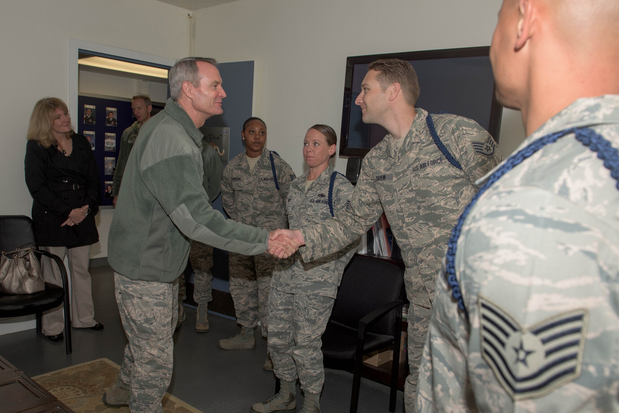 The commander of the Air Education and Training Command, Lt. Gen Darryl Roberson, visit Airmen at the Defense Language Institute Foreign Language Center as a part of a tour of installations that he oversees. (U.S. Army photo by Amber Whittington) 