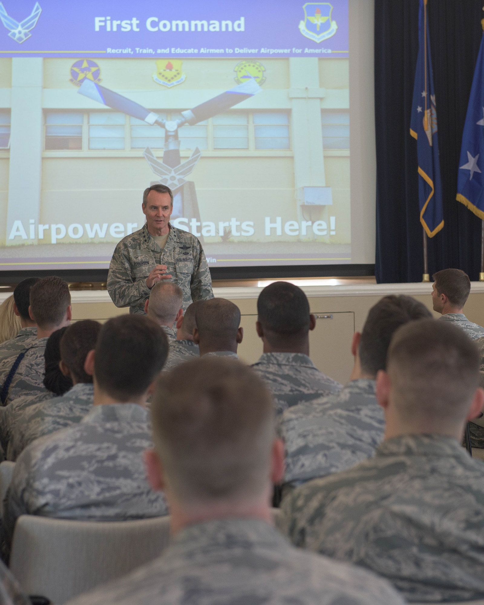 The commander of the Air Education and Training Command, Lt. Gen Darryl Roberson, speaks with Airmen at the Defense Language Institute Foreign Language Center as a part of a tour of installations that he oversees. (U.S. Army photo by Amber Whittington) 