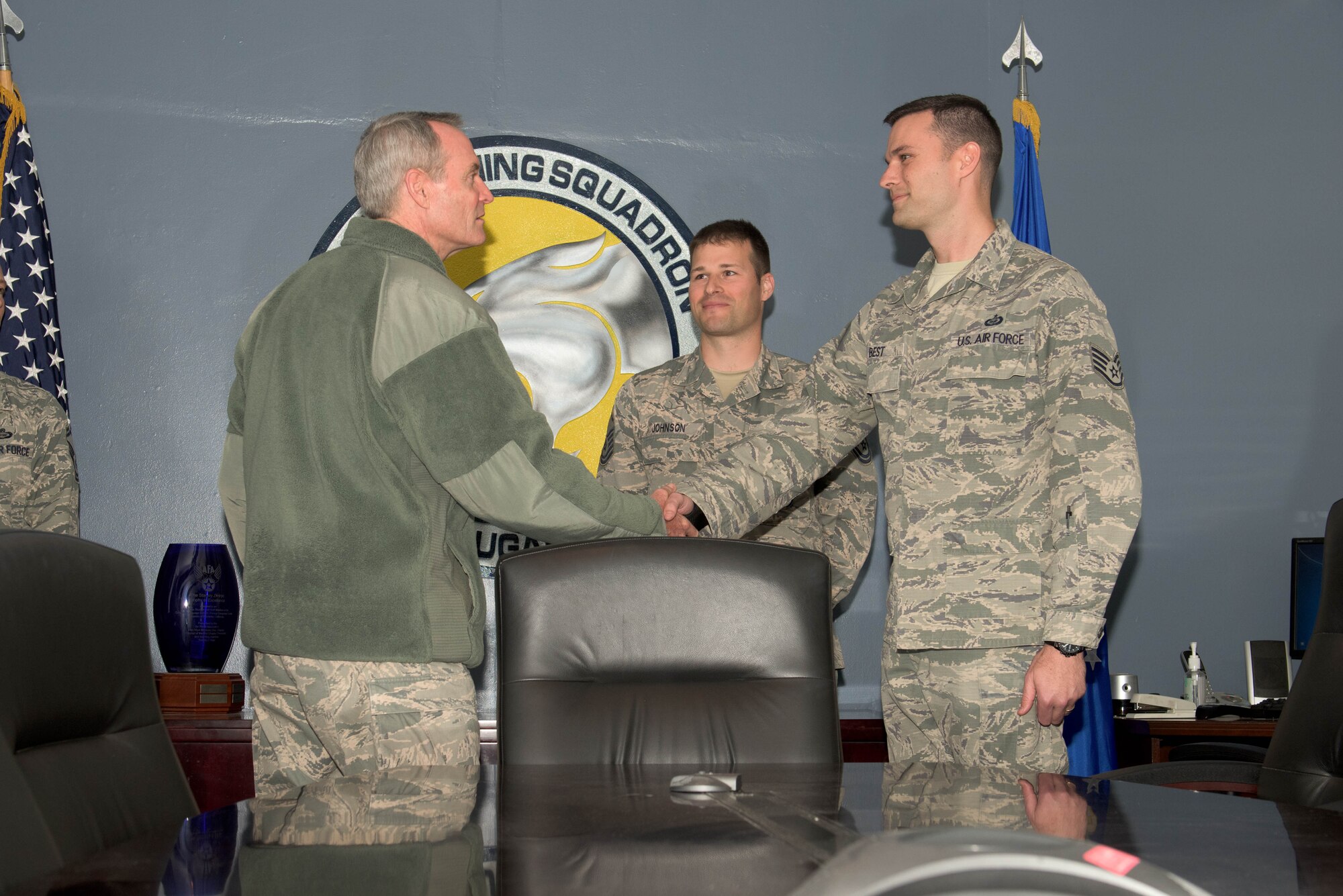 Air Education and Training Command's, commanding general, Lt. Gen Darryl Roberson and Command Chief Master Sergeant David Staton visited Airmen at the Defense Language Institute Foreign Language Center March 29, as a part of a tour of one of the 10 major installations that he oversees in five states. The AETC is the equivalent to the Army's Training and Doctrine Command, responsible for the education of 660,000 Airmen. (Photo by Amber K. Whittington)