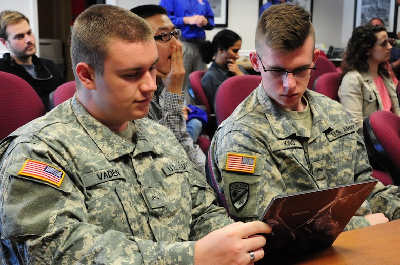 Joshua Vaden (left) and Alexander King (right), mechanical engineering students at Tennessee Technological University, view a diagram of Nashville District’s Cumberland River System at the Center Hill Dam Power Plant March 29, 2016. 