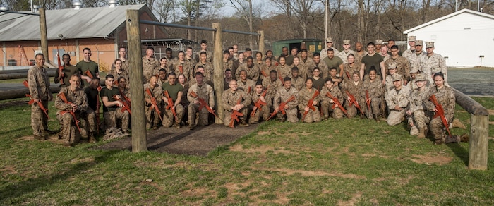 U.S. Marines with the Marine Corps Embassy Security Group participate in the endurance course training at the Officer Candidate School on Marine Corps Base Quantico, Quantico, Va., March 31, 2016. The course consists of a 3.5 mile run, an obstacle course and a water obstacle course. (U.S. Marine Corps photo by Lance Cpl. Nathaniel S. McAllister/Not Released)