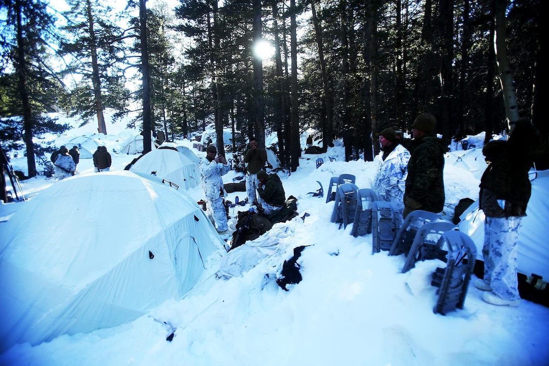 Marines wait for lunch by their tents during a cold weather training exercise at the Mountain Warfare Training Center in Bridgeport, Calif., March 16, 2016. The Marines, combat engineers with 7th Engineer Support Battalion, 1st Marine Logistics Group, were among 90 Marines with 7th ESB who served as the logistics combat element in support of 2nd Battalion, 4th Marine Regiment, 1st Marine Division, during Mountain Exercise 6-16, Feb. 24- March 26, 2016. The Battalion integrated 18 combat engineers with the infantrymen conducting the exercise. (U.S. Marine Corps photo by Sgt. Laura Gauna/released)