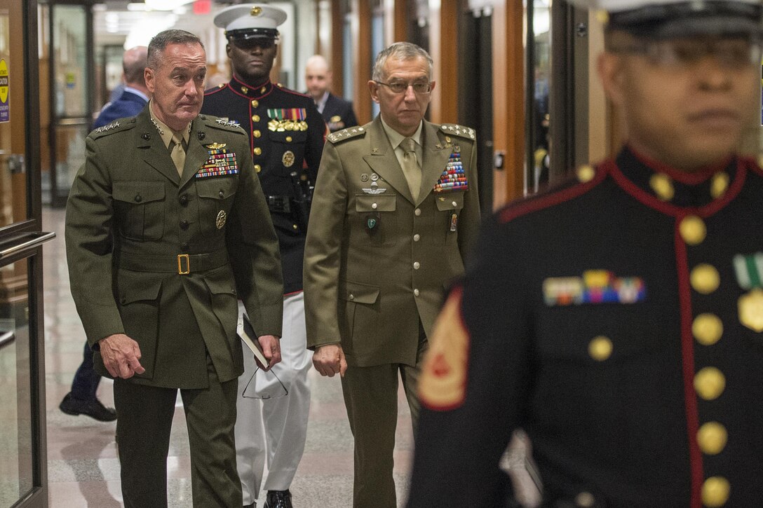 Marine Corps Gen. Joe Dunford, chairman of the Joint Chiefs of Staff, left, meets with Army Gen. Claudio Graziano, chief of defense for Italy's armed forces, at the Pentagon, March 31, 2016. DoD Photo by Navy Petty Officer 2nd Class Dominique A. Pineiro