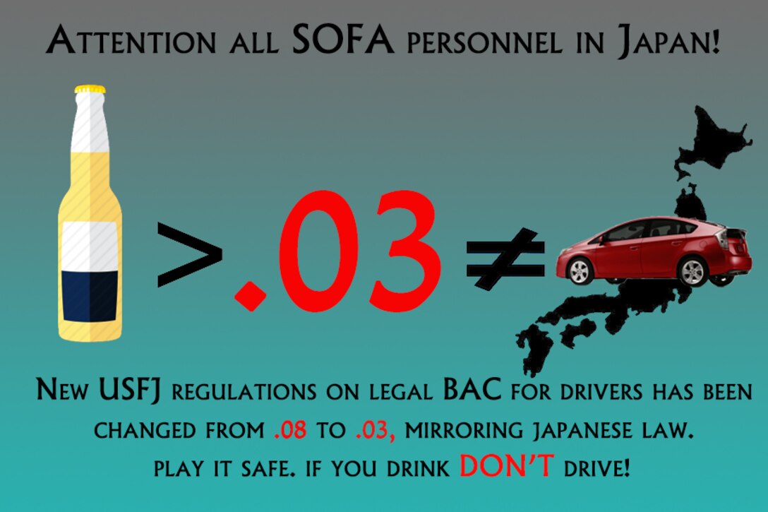 New changes to U.S. Forces, Japan, regulation will impact how much alcohol drivers on U.S. installation in Japan can have their bloodstreams and still be considered fit to drive, beginning Monday, April 4, 2016.There is now a minimum disciplinary action of a 60-day license suspension for those caught driving with a blood-alcohol content level .03 to .079. In addition, commanders have the right to impose additional disciplinary measures, depending on the circumstances. Those caught driving with a BAC level at or above .08 are considered intoxicated drivers and will be dealt with accordingly under the Uniform Code of Military Justice.  