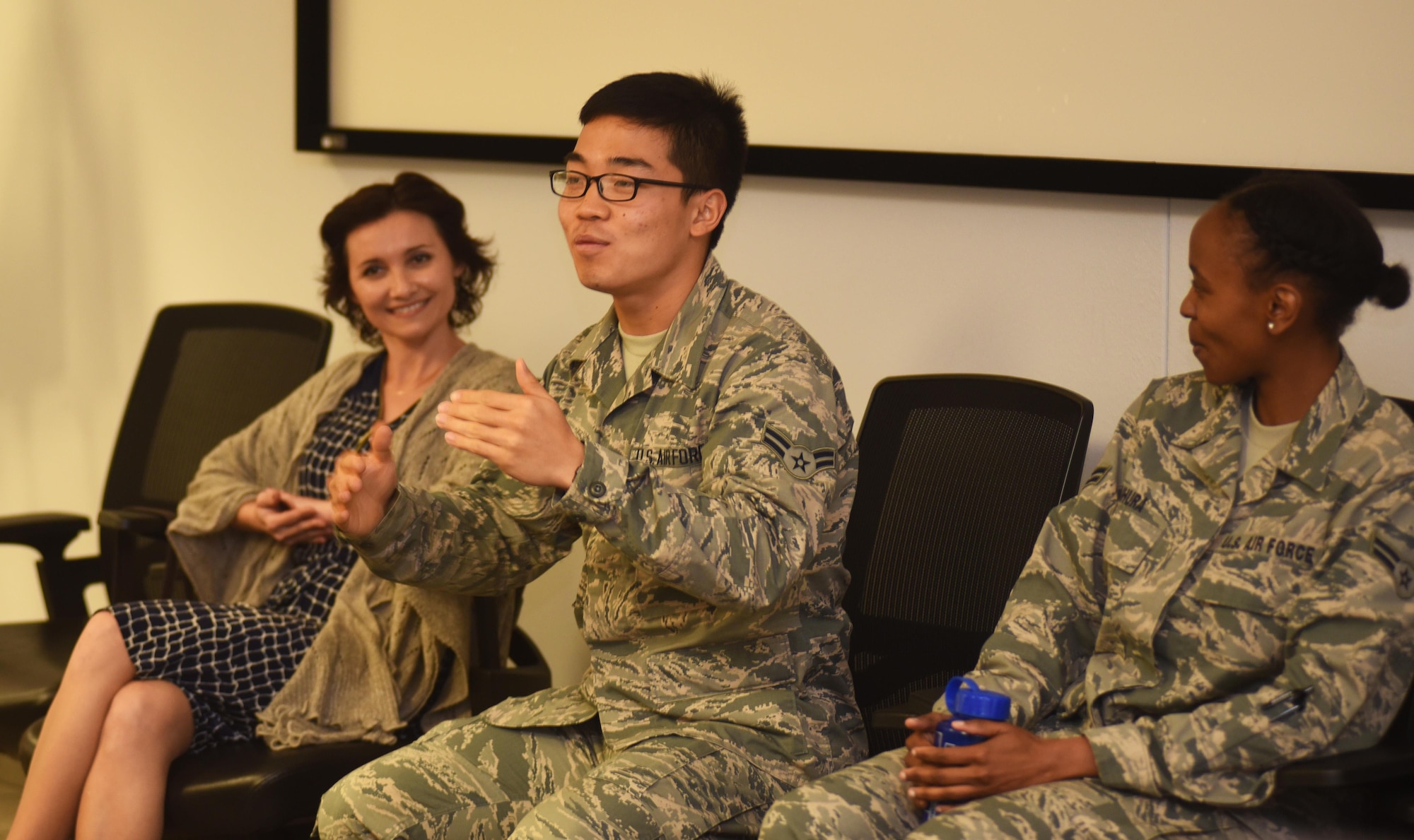 Airman 1st Class Woo Jin Eum, United States Air Force Special Operations School Korean language and culture advisor, speaks during a course on Hurlburt Field, Fla., March 31, 2016. Eum said he enjoys his current job so much, he’s considering turning down his opportunity to attend the Air Force Academy. (U.S. Air Force photo/Staff Sgt. Melanie Holochwost)