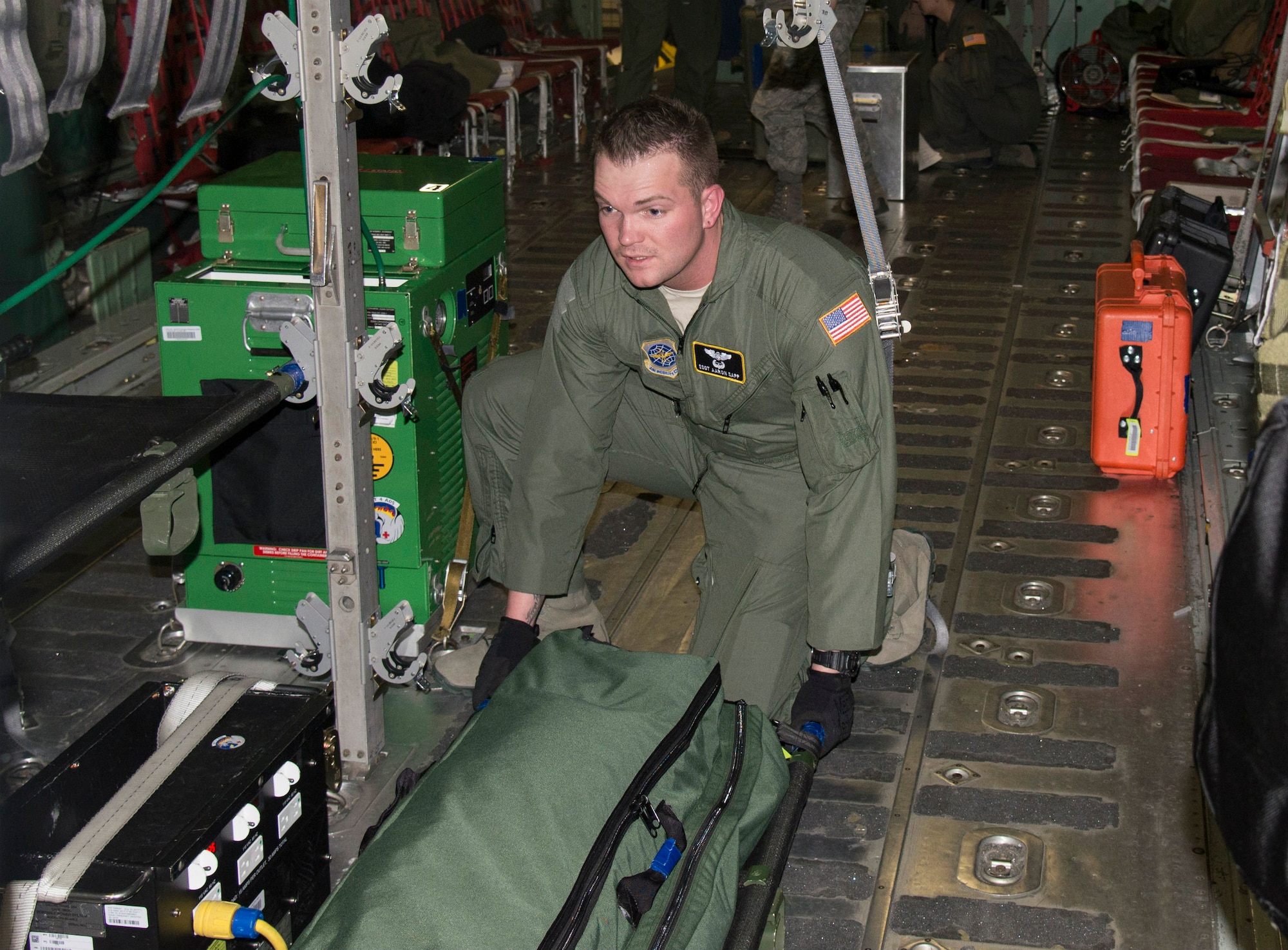 Staff Sgt. Aaron Sapp, a reservist with the 911th Aermedical Evacuation Squadron, is undergoing additional qualification training at the Det. 4 Formal Training Unit at Wright-Patterson Air Force Base, Ohio. Det. 4 was recently realigned under the 375th Air Mobility Wing and is responsible for all aeromedical evacuation initial qualifications for the entire Air Force. (U.S. Air Force photo by Airman Garcia)