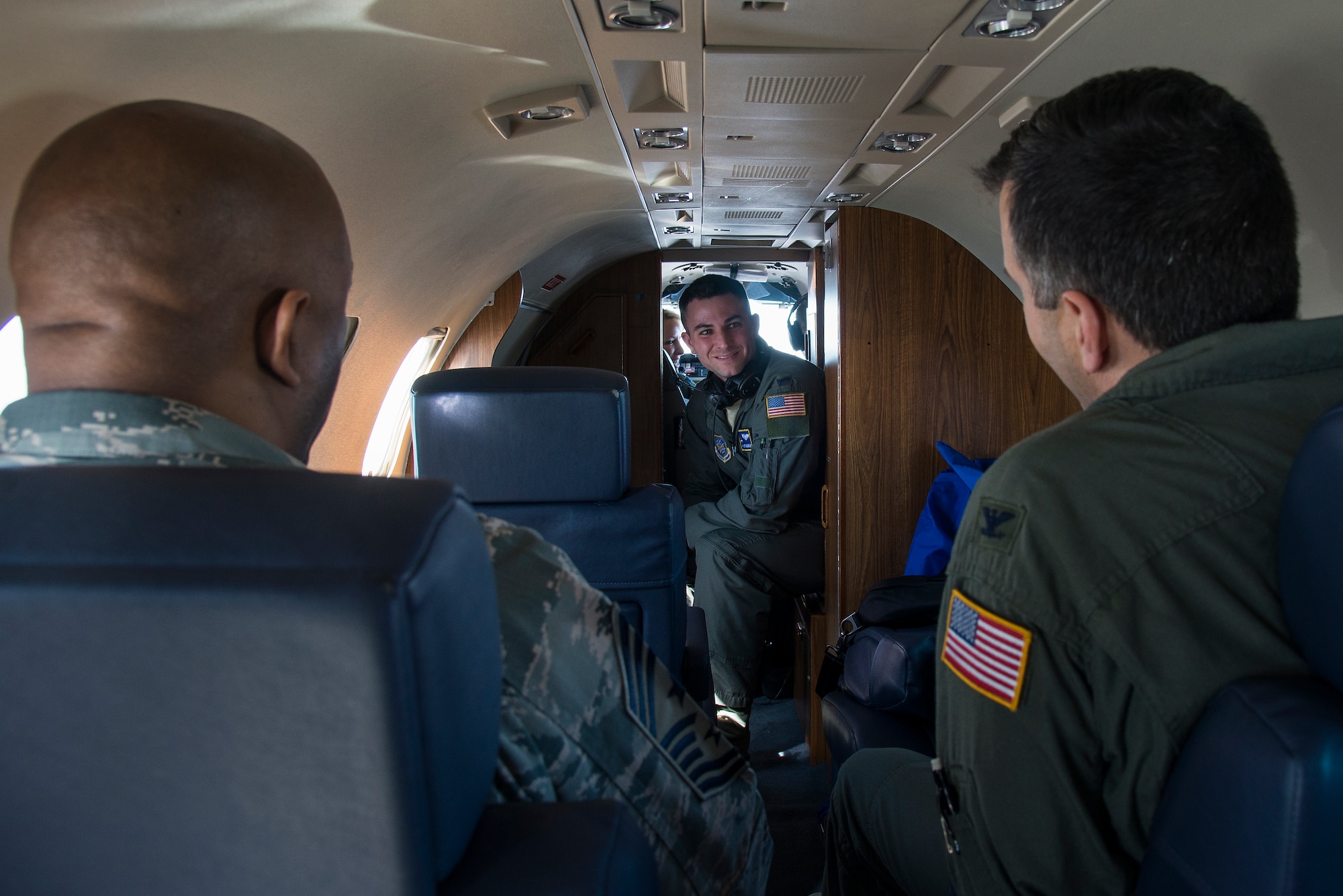 1st Lt. Jeffery Morrow, 457th Airlift Squadron C-21 pilot, discusses with the 375th Air Mobility Wing leadership the importance of their visit to geographically separated units, March 18, 2016. The visit included an overview of the mission at the 457th AS at Joint Base Andrews, Maryland, and Detachment 4 at Wright Patterson Air Force Base, Ohio and recognition of outstanding Airmen. (U.S. Air Force Photo by Airman Daniel Garcia)