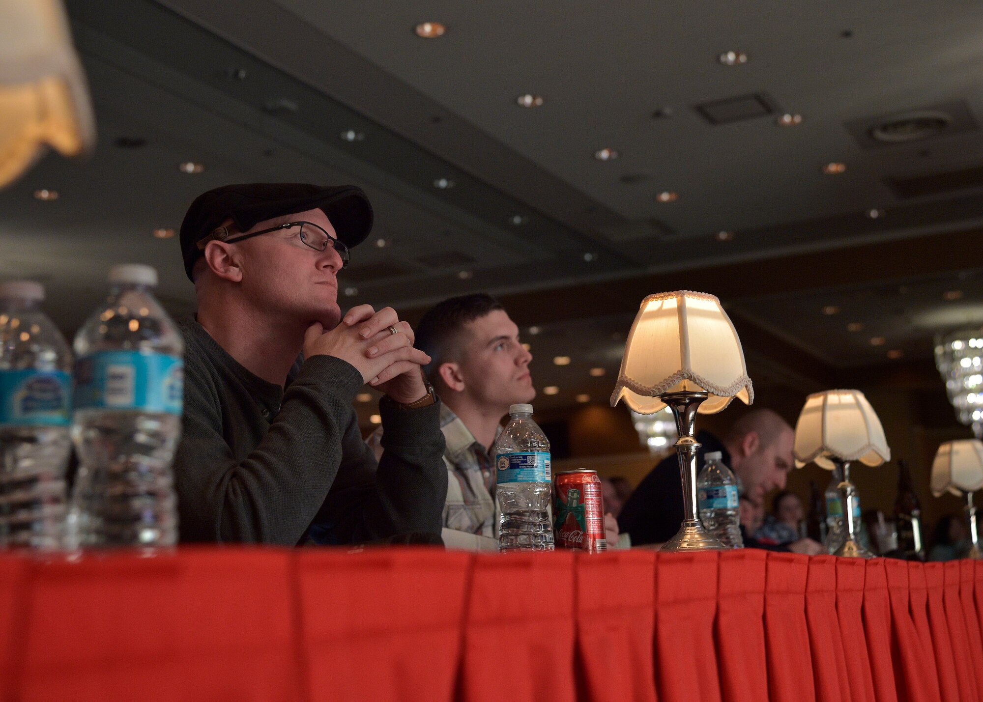 Judges watch a performance during Misawa Stars at Misawa Air Base, Japan, March 25, 2016. Contestants are graded on voice, crowd interaction and overall presentation each performance. Judges also highlighted the best and worst parts about the performance. Ultimately, the judges have the final word on who is eliminated each week, but also have the opportunity to save one contestant. (U.S. Air Force photo by Senior Airman Deana Heitzman)