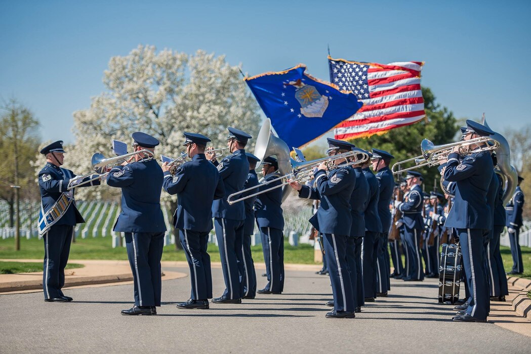 The United States Air Force Band Ceremonial Brass and United States Air Force Honor Guard perform a full honors funeral at Arlington National Cemetery.  (U.S. Air Force Photo by Senior Master Sgt Kevin Burns/released)
