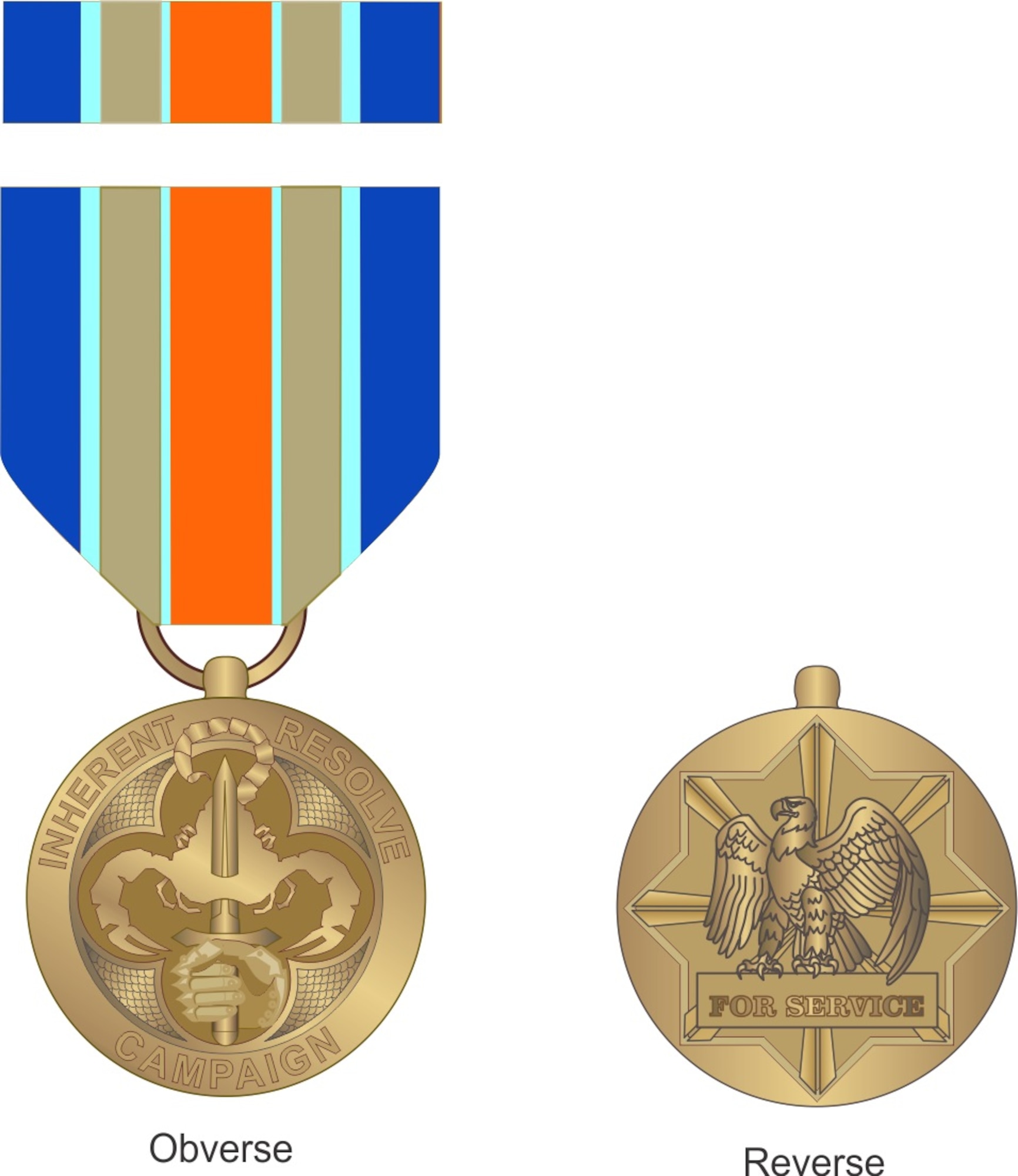 On March 30, 2016, the President signed an Executive Order titled, “Establishing the Inherent Resolve Campaign Medal” based on the recommendations of Secretary of Defense and Chairman of the Joint Chiefs of Staff.  Today, the Secretary of Defense officially announced the Inherent Resolve Campaign Medal (IRCM), which distinctly recognizes our Service members battling terrorist groups in Iraq and Syria.   Approximately 11,000 service members are eligible for the new award as of March 30, 2016  (Courtesy artwork)