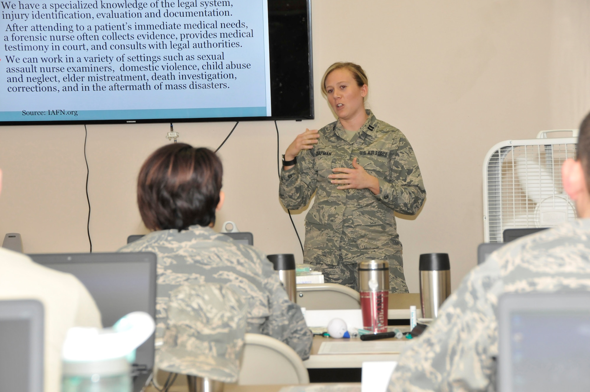 U.S. Air Force Capt. Lindsay G. Chapman from the 181st Intelligence Wing Medical Group, explains how her civilian job as an emergency nurse and sexual assault nurse examiner and how the 181st and Terre Haute Regional Hospital work together on this subject, held at Hulman Field, Terre Haute, Ind., March 18, 2016. (U.S. Air National Guard photo by Senior Master Sgt. John S. Chapman)