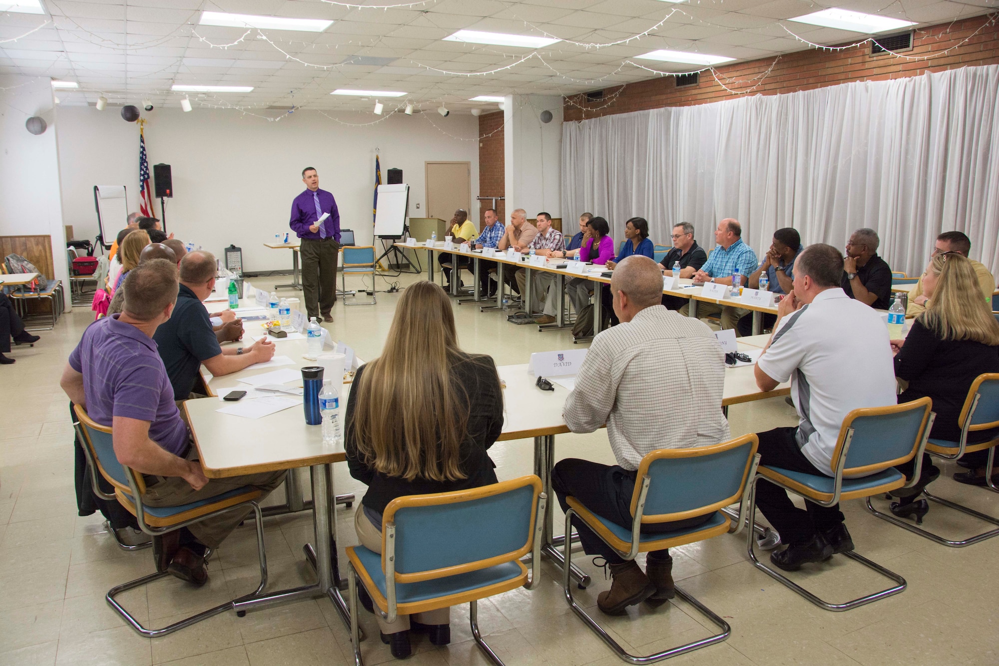 Randy Thompson, one of four mobile training team instructors from the Defense Equal Opportunity Management Institute, talks with members of the 145th Airlift Wing during a Leadership Team Awareness Seminar (LTAS) held at the North Carolina Air National Guard Base, Charlotte Douglas International Airport, March 17 and 18, 2016. The team offered the class to senior enlisted advisors in hopes of raising awareness of the personnel dynamics that can impact unit cohesion and mission effectiveness. (U.S. Air National Guard photo by Staff Sgt. Paul Porter/Released)