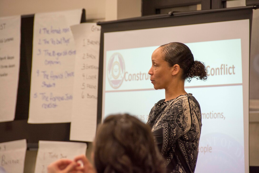 Kimberly Flowers, one of four mobile training team instructors from the Defense Equal Opportunity Management Institute, talks with members of the 145th Airlift Wing during a Leadership Team Awareness Seminar (LTAS) held at the North Carolina Air National Guard Base, Charlotte Douglas International Airport, March 17 and 18, 2016. The team offered the class to senior enlisted advisors in hopes of raising awareness of the personnel dynamics that can impact unit cohesion and mission effectiveness. (U.S. Air National Guard photo by Staff Sgt. Paul Porter/Released)