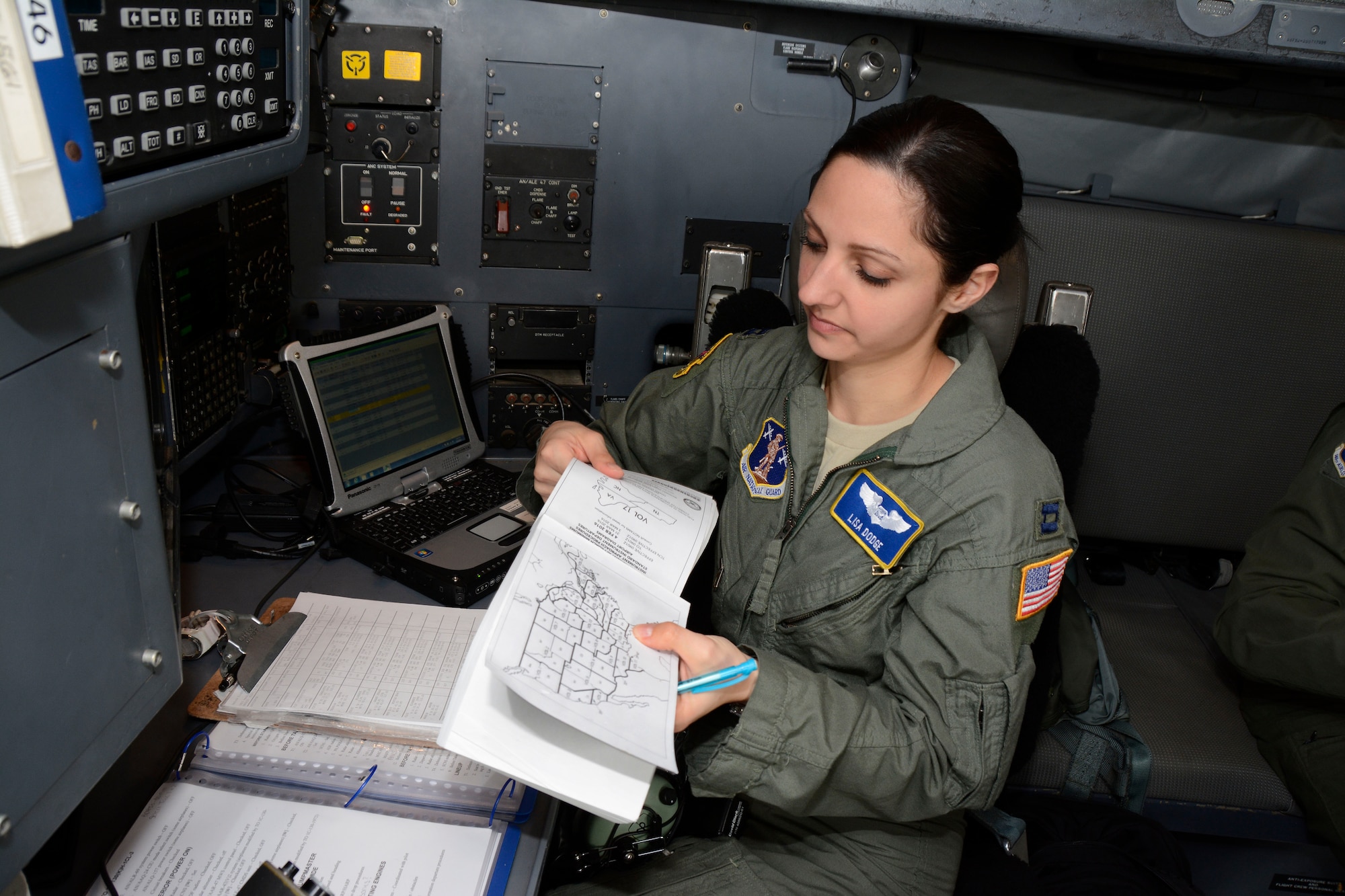 U.S. Air Force Capt. Lisa Dodge, navigator for the 156th Airlift Squadron, conducts preflight inspection onboard a C-130 Hercules aircraft prior to taking off from the North Carolina Air National Guard Base, Charlotte Douglas International Airport, March 3, 2016. Dodge is also the executive and training officer for the 145th Operations Support Squadron. (U.S. Air National Guard photo by Master Sgt. Patricia F. Moran/Released)