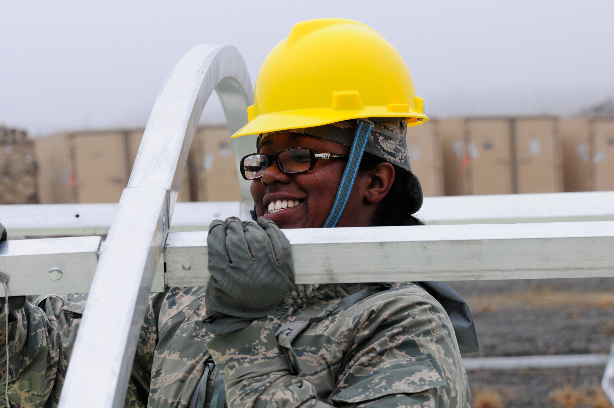 U.S. Air Force Master Sgt. Leslie Minus, 145th Civil Engineer Squadron, installs frame on an Alaskan Small Shelter System, one of 16 tents being set up to house personnel participating in Vigilant Guard 2015 exercise. VG 2015, held at the 145th CES Regional Training Site, New London, N.C., March 6-8, 2015, is designed to measure the effectiveness of National Guard forces supporting civilian activities, training together as true partners in order to respond effectively to natural disasters. (U.S. Air National Guard photo by Master Sgt. Patricia F. Moran, 145th Public Affairs/Released)
