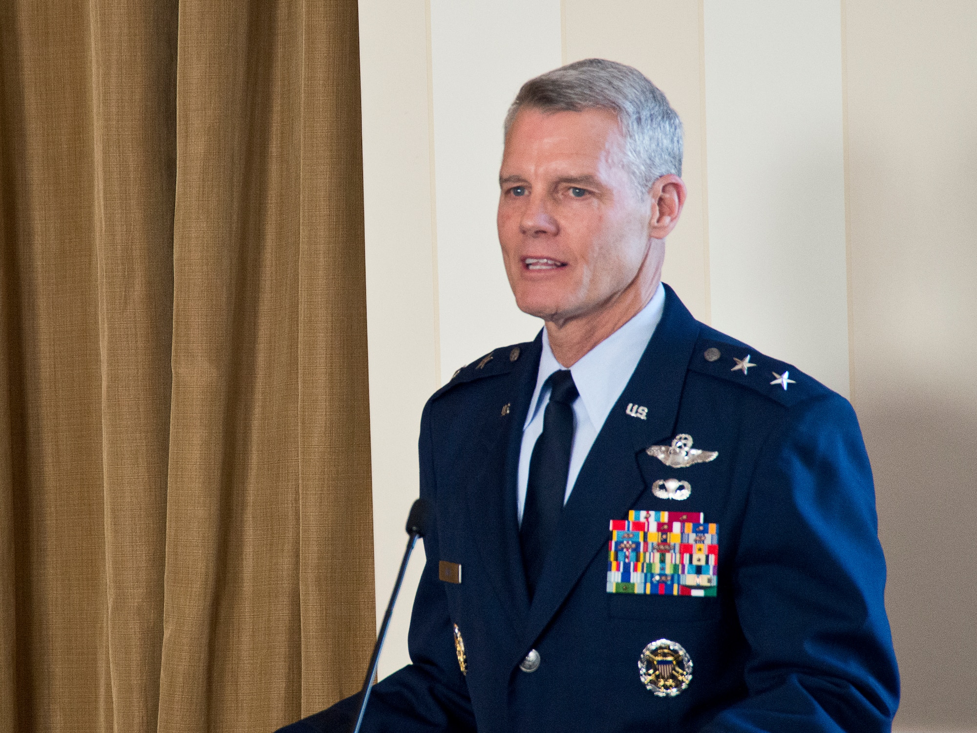 Acting Director of the Air National Guard, Maj. Gen. Brian G. Neal, thanks ANG members for their dedication and professionalism at the Air Force Association's 14th annual Salute to the Air National Guard, held March 30, 2016, in Arlington, Virginia. The AFA honored 18 ANG members across a broad range of specialties for their outstanding contributions to the success of the ANG and the overall Air Force mission. (US Air National Guard photo by Staff Sgt. John E. Hillier/released)