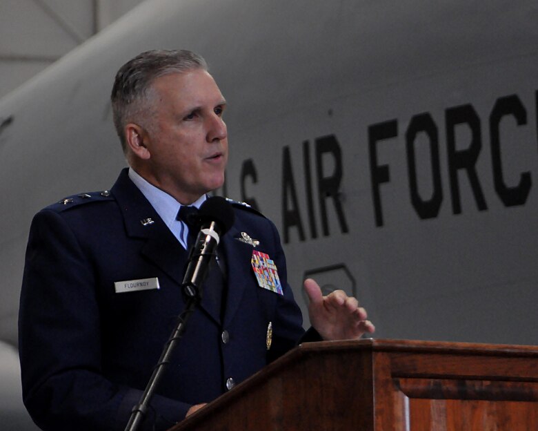 Maj. General John C. Flournoy Jr., 4th Air Force commander, speaks to members of the new 931st Air Refueling Wing and local community during a re-designation ceremony at April 30, 2016, at McConnell Air Force Base, Kansas. The 931st Air Refueling Group was established in January 1963 as a troop carrier group and, after years of growth, was re-designated as the 931 ARW March 5, 2016. (U.S. Air Force photo by Senior Airman Preston Webb)