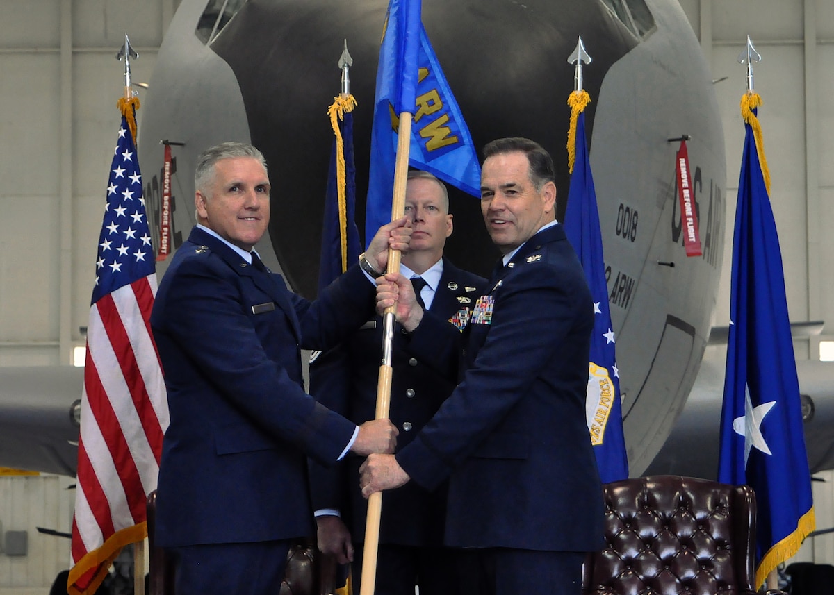 Col. Mark S. Larson, right, 931st Air Refueling Wing commander, receives the guidon from Maj. General John C. Flournoy Jr., 4th Air Force commander. Larson assumes command of the 931st Air Refueling Wing during a re-designation ceremony April 30, 2016, at McConnell Air Force Base, Kansas. Airmen with the 931 ARW aid their active-duty counterparts through vital contributions to the global mission of McConnell AFB. (U.S. Air Force photo by Senior Airman Preston Webb)