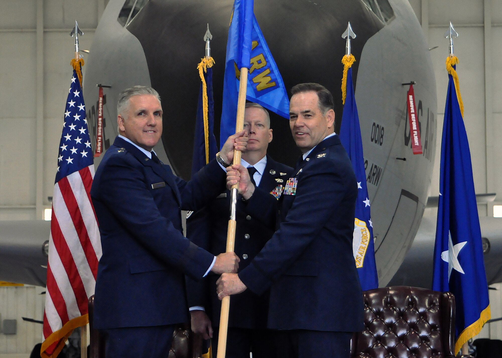 Col. Mark S. Larson, right, 931st Air Refueling Wing commander, receives the guidon from Maj. General John C. Flournoy Jr., 4th Air Force commander. Larson assumes command of the 931st Air Refueling Wing during a re-designation ceremony April 30, 2016, at McConnell Air Force Base, Kansas. Airmen with the 931 ARW aid their active-duty counterparts through vital contributions to the global mission of McConnell AFB. (U.S. Air Force photo by Senior Airman Preston Webb)