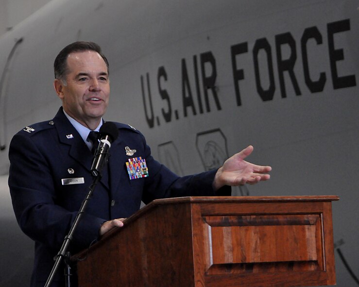 Col. Mark S. Larson, 931st Air Refueling Wing commander, speaks to members of the 931st Air Refueling Wing and local community during a re-designation ceremony April 30, 2016, at McConnell Air Force Base, Kansas. This ceremony serves as an official marker for the re-designation that took place March 5, 2016, when the group became the 931 ARW. (U.S. Air Force photo by Senior Airman Preston Webb)