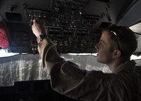 Staff Sgt. Joshua Bredwell, 774th Expeditionary Airlift Squadron load master, conducts pre-flight checks on the C-130J Super Hercules at Bagram Airfield, Afghanistan, April 28, 2016. The C130J Super Hercules made its first flight in 1954 and has the longest run for aircraft production of any military aircraft. (U.S. Air Force photo by Senior Airman Justyn M. Freeman)