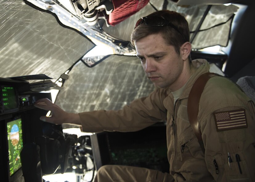 Staff Sgt. Joshua Bredwell, 774th Expeditionary Airlift Squadron load master, conducts pre-flight checks on the C-130J Super Hercules at Bagram Airfield, Afghanistan, April 28, 2016. The C130J Super Hercules made its first flight in 1954 and has the longest run for aircraft production of any military aircraft. (U.S. Air Force photo by Senior Airman Justyn M. Freeman)