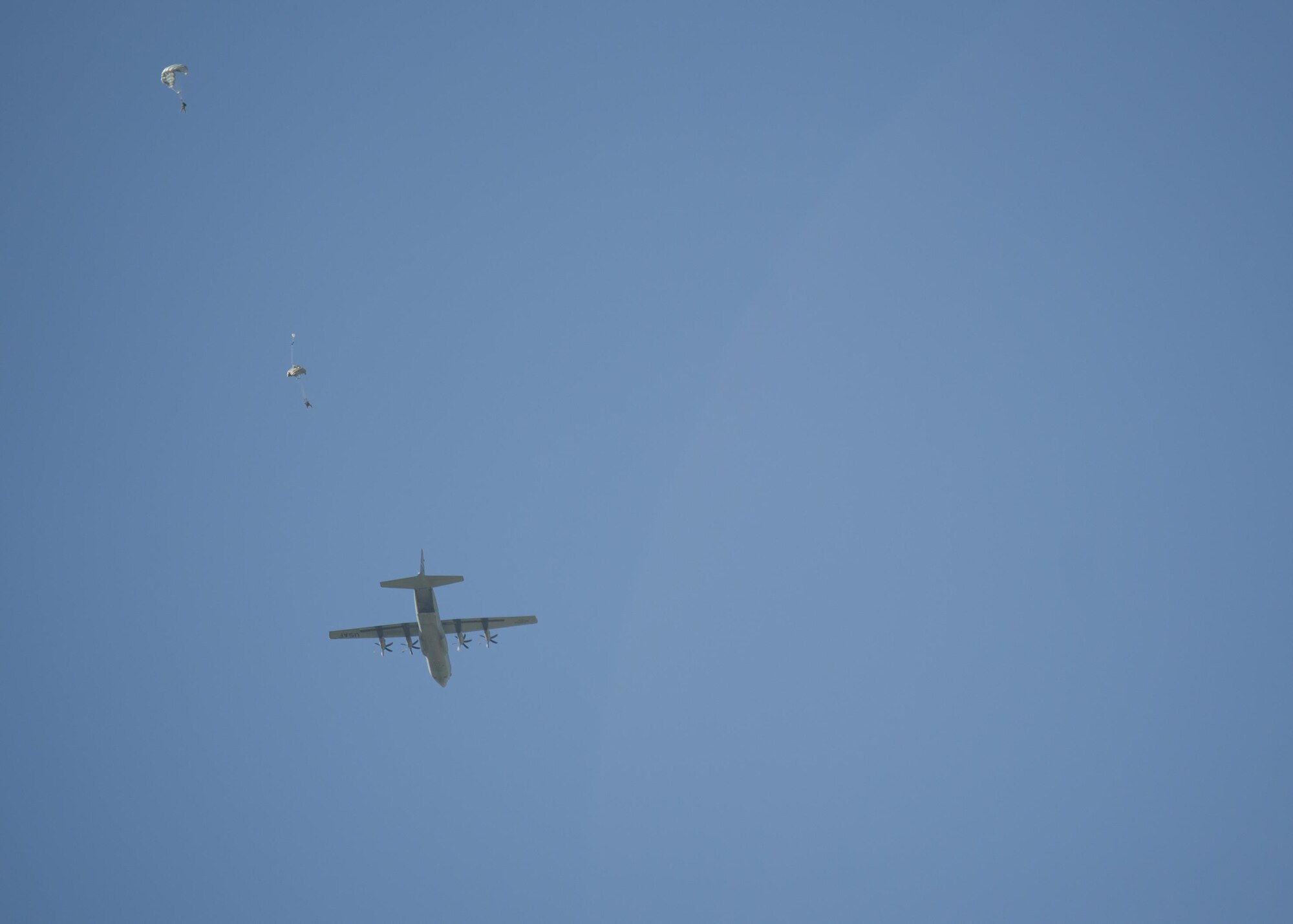 A C-130J Super Hercules hauls pararescuemen from the 83rd Expeditionary Rescue Squadron as they prepare to jump for mission rehersal at Bagram Airfield, Afghanistan, April 28, 2016. The C-130J Super Hercules was used as a jump platform for pararescuemen from the 83rd RQS. (U.S. Air Force photo by Technical Sgt. Robert Cloys)