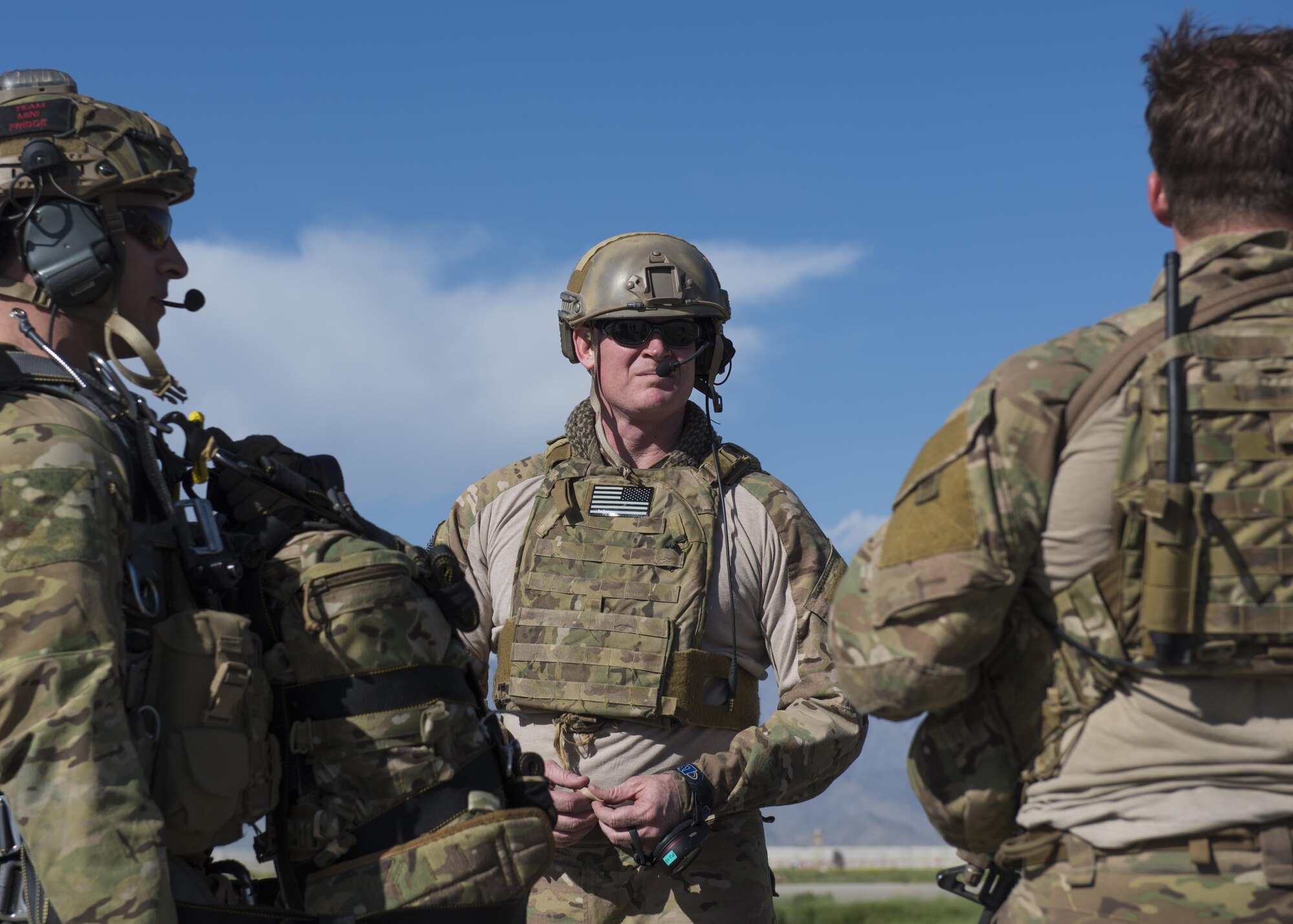A pararescueman from the 83rd Expeditionary Rescue Squadron jumps from a C-130J Super Hercules during mission rehersal at Bagram Airfield, Afghanistan, April 28, 2016. This mission rehearsal is key to ensure pararescuemen are ready for real world missions throughout Afghanistan. (U.S. Air Force photo by Technical Sgt. Robert Cloys)