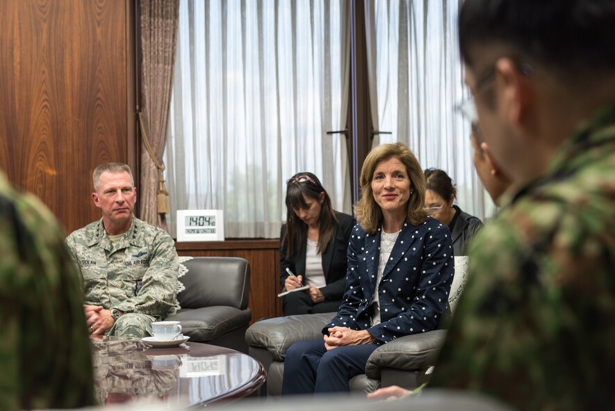 Lt. Gen. John Dolan, U.S. Forces, Japan and 5th Air Force commander, and Caroline Kennedy, U.S. Ambassador to Japan, discuss the benefits of the Japan and U.S. military partnerships with members of the Japanese Ground Self-Defense Force in Kumamoto City, Japan, April 29, 2016. Dolan and Kennedy visited Kumamoto Prefecture to get a first-hand look at the devastation caused by the recent earthquakes that hit the region and to show their support of the U.S.-Japan partnership. (U.S. Air Force photo by Staff Sgt. Michael Smith/Released)