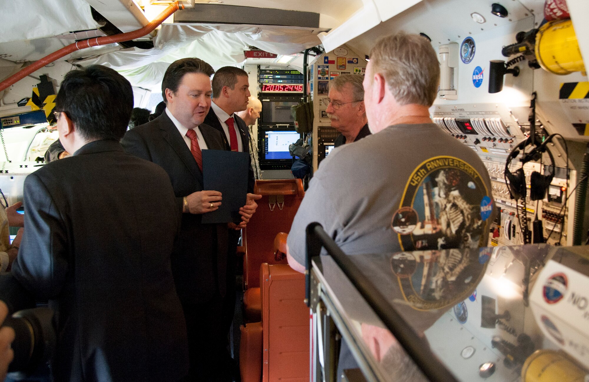 Marc Knapper, U.S. Embassy Seoul deputy chief of mission, receives a tour on board the NASA DC-8 that is part of the Korea United States-Air Quality (KORUS-AQ) Experiment at Osan Air Base, Republic of Korea, April 29, 2016. KORUS-AQ will deepen the understanding of the processes controlling air quality, improve knowledge of the challenges facing satellite observations of air quality and improve the ability of models to forecast and assess air quality conditions. (U.S. Air Force photo by Staff Sgt. Jonathan Steffen/Released)