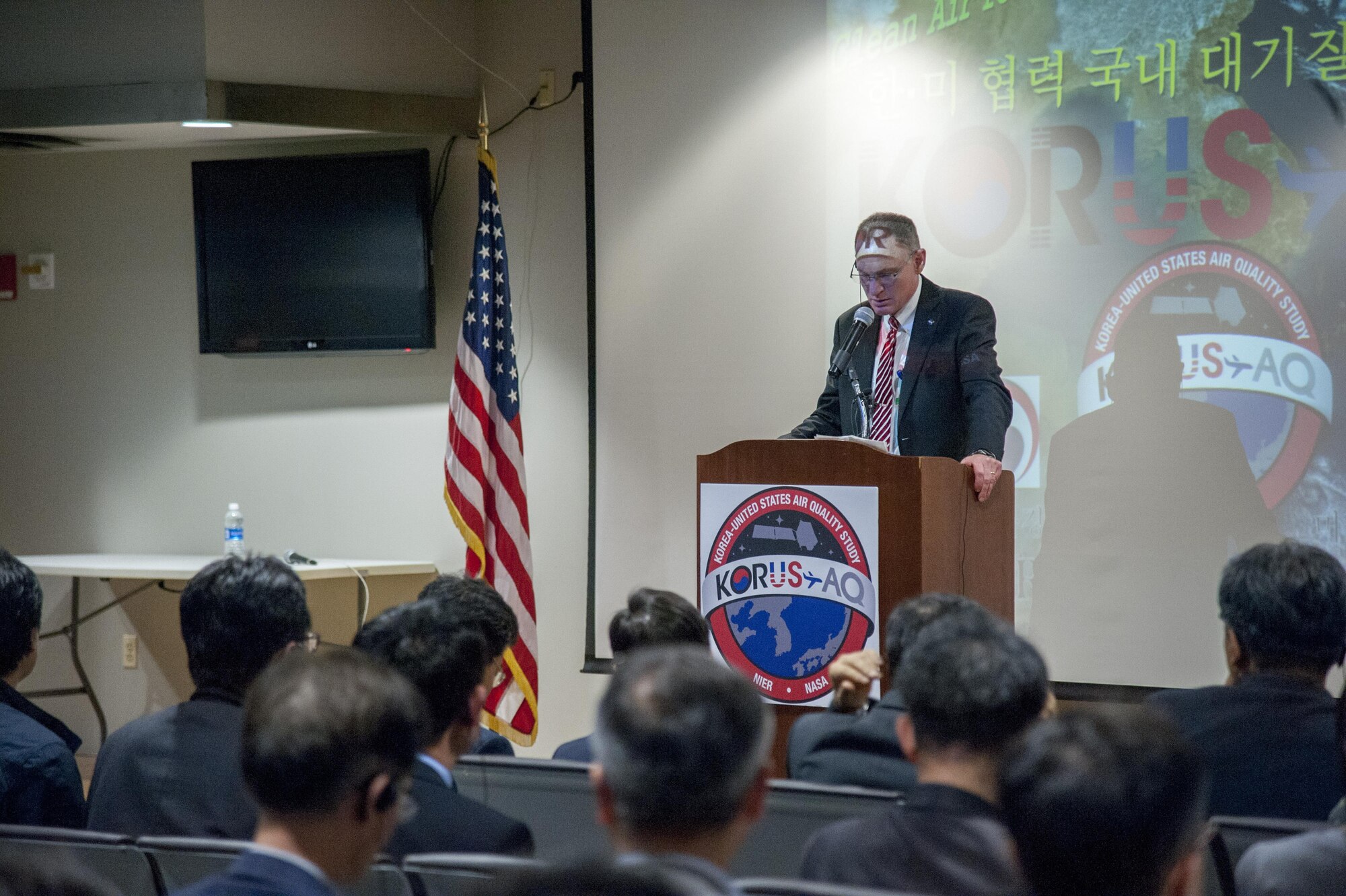 Barry Lefer, Korea United States-Air Quality (KORUS-AQ) program scientist, gives opening remarks for the KORUS-AQ experiment media day at Osan Air Base, Republic of Korea, April 29, 2016. KORUS-AQ is a joint field study by NASA and the National Institute of Environmental Research that will advance the ability to monitor air pollution more accurately from space. (U.S. Air Force photo by Staff Sgt. Jonathan Steffen/Released)