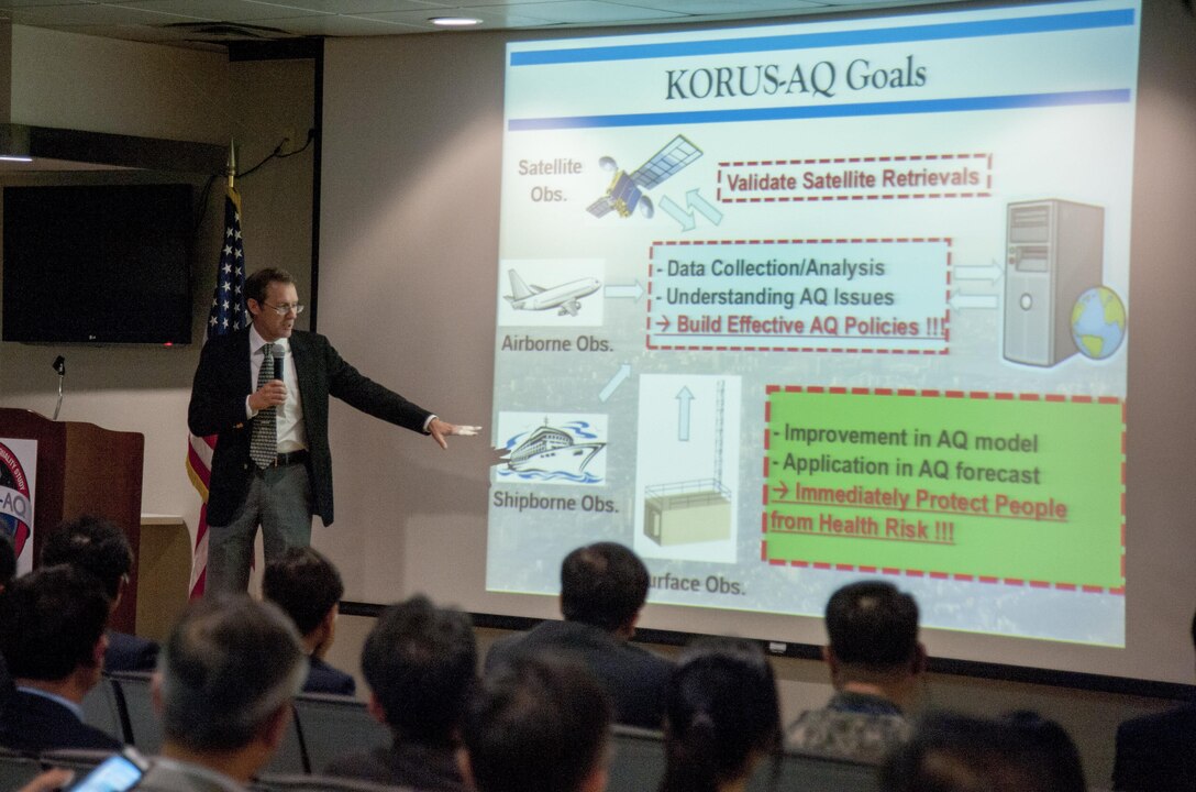 James Crawford, NASA lead U.S. scientist for Korea United States-Air Quality (KORUS-AQ) Experiment, explains goals for the KORUS-AQ experiment at Osan Air Base, Republic of Korea, April 29, 2016. KORUS-AQ will deepen our understanding of the processes controlling air quality, improve knowledge of the challenges facing satellite observations of air quality and improve the ability of models to forecast and assess air quality conditions.(U.S. Air Force photo by Staff Sgt. Jonathan Steffen/Released)