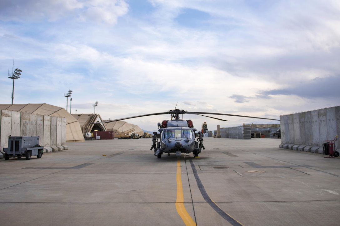 An HH-60G Pave Hawk helicopter sits idle following a preflight inspection at Bagram Airfield, Afghanistan, April 25, 2016. The helicopter is assigned to the 455th Expeditionary Aircraft Maintenance Squadron. Air Force photo by Senior Airman Justyn M. Freeman