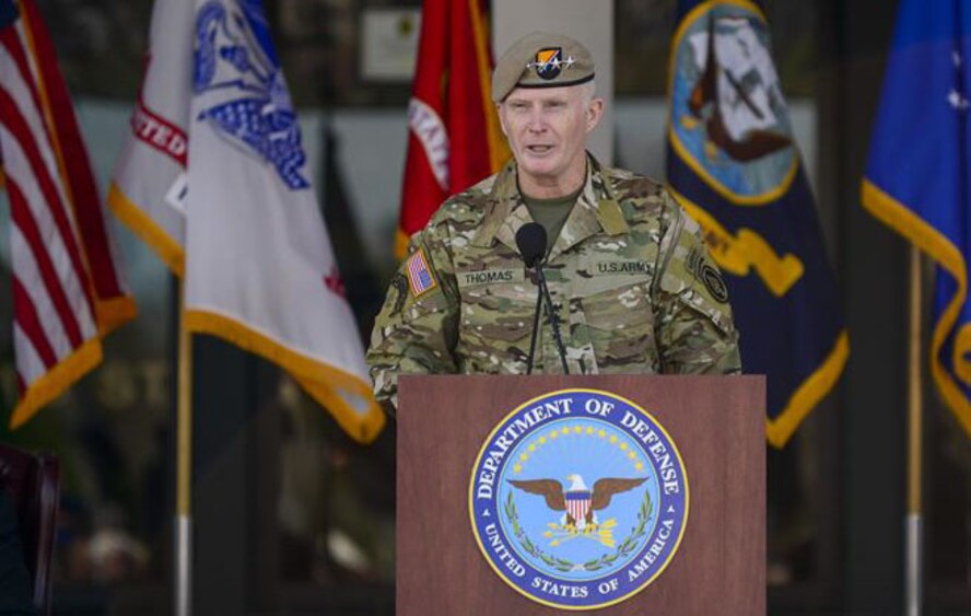Commander of U.S. Special Operations Command, Army Gen. Raymond “Tony” Thomas, gives remarks after assuming command of USSOCOM Mar. 30, 2016, at MacDill Air Force Base, Fla. The former Commander, Army Gen. Joseph L. Votel, will become the commander of U.S. Central Command. (Courtesy photo)