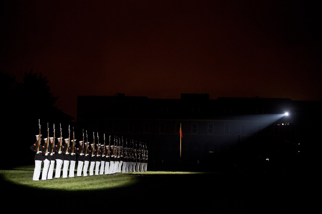 The Silent Drill Platoon performs during the Friends and Family Evening Parade at Marine Barracks Washington, D.C., April 29, 2016. The guest of honor for the evening was Gen. Robert Neller, commandant of the Marine Corps, and the hosting official was Col. Benjamin T. Watson, commanding officer, MBW. (Official Marine Corps photo by Cpl. Chi Nguyen/Released)