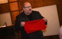 Mark Borytsky, 55th Wing protocol chief, leads the “Dining like a Diplomat” course at the Patriot Club on Offutt Air Force Base, Nebraska, April 20, 2016. The course, offered to Team Offutt, teaches proper protocol and skills for social and business situations. (U.S. Air Force photo by Zachary Hada)